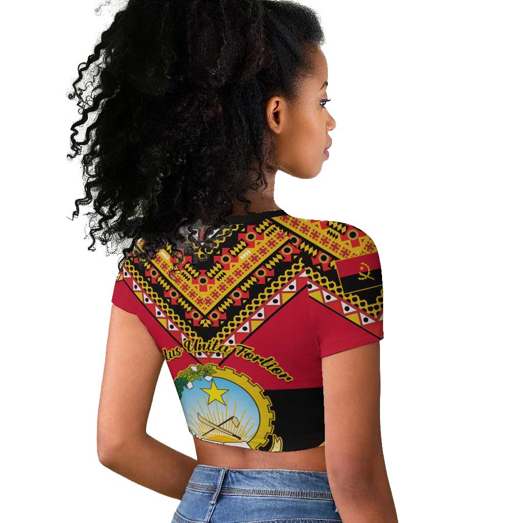 Angola Independence Day Raglan Cropped T shirt with Coat of Arms and Samakaka Pattern