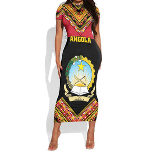 Angola Independence Day Short Sleeve Bodycon Dress with Coat of Arms and Samakaka Pattern LT01