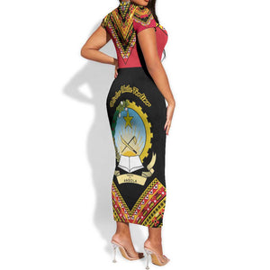 Angola Independence Day Short Sleeve Bodycon Dress with Coat of Arms and Samakaka Pattern LT01