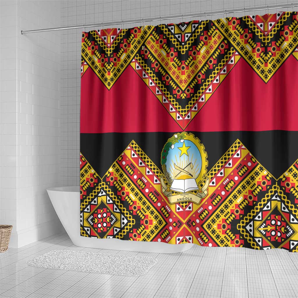 Angola Independence Day Shower Curtain with Coat of Arms and Samakaka Pattern