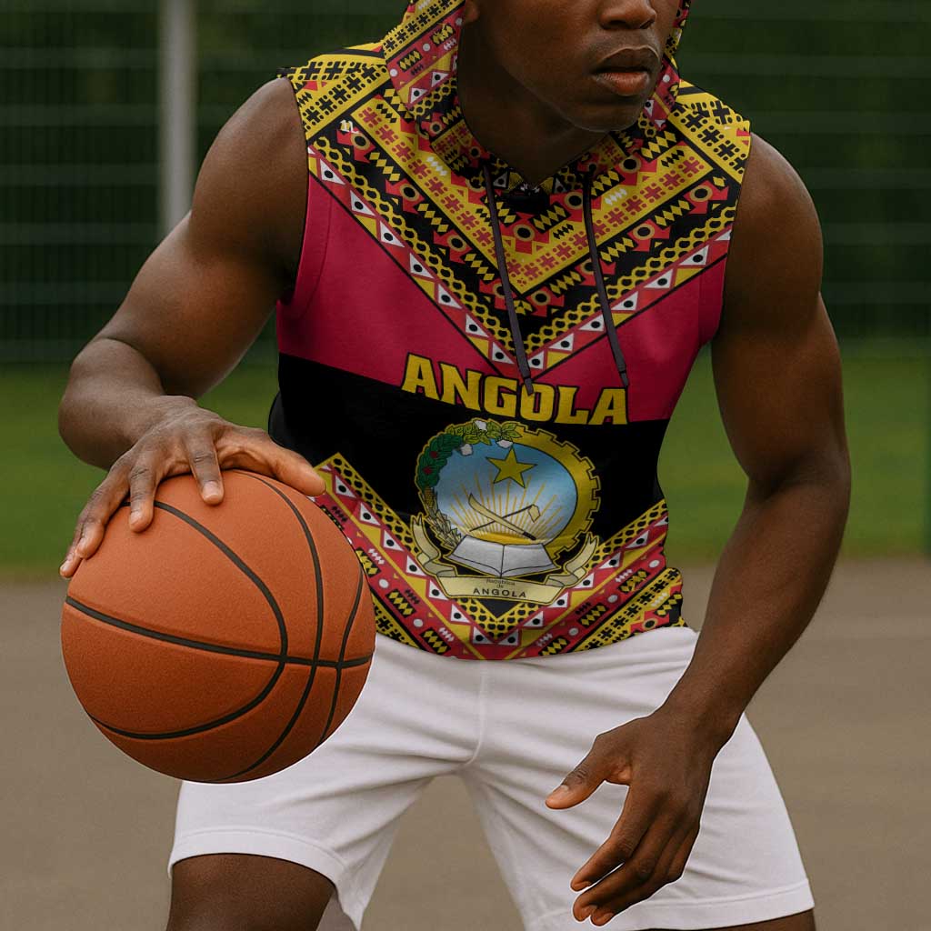 Angola Independence Day Sleeveless Hoodie with Coat of Arms and Samakaka Pattern - African Pride