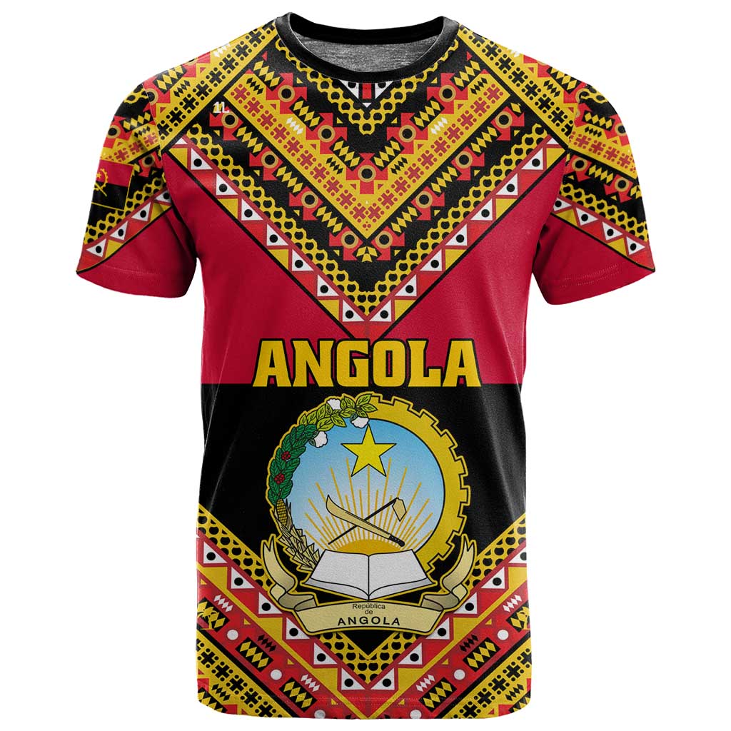 Angola Independence Day T shirt with Coat of Arms and Samakaka Pattern