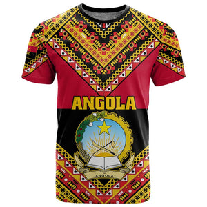 Angola Independence Day T shirt with Coat of Arms and Samakaka Pattern