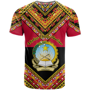 Angola Independence Day T shirt with Coat of Arms and Samakaka Pattern