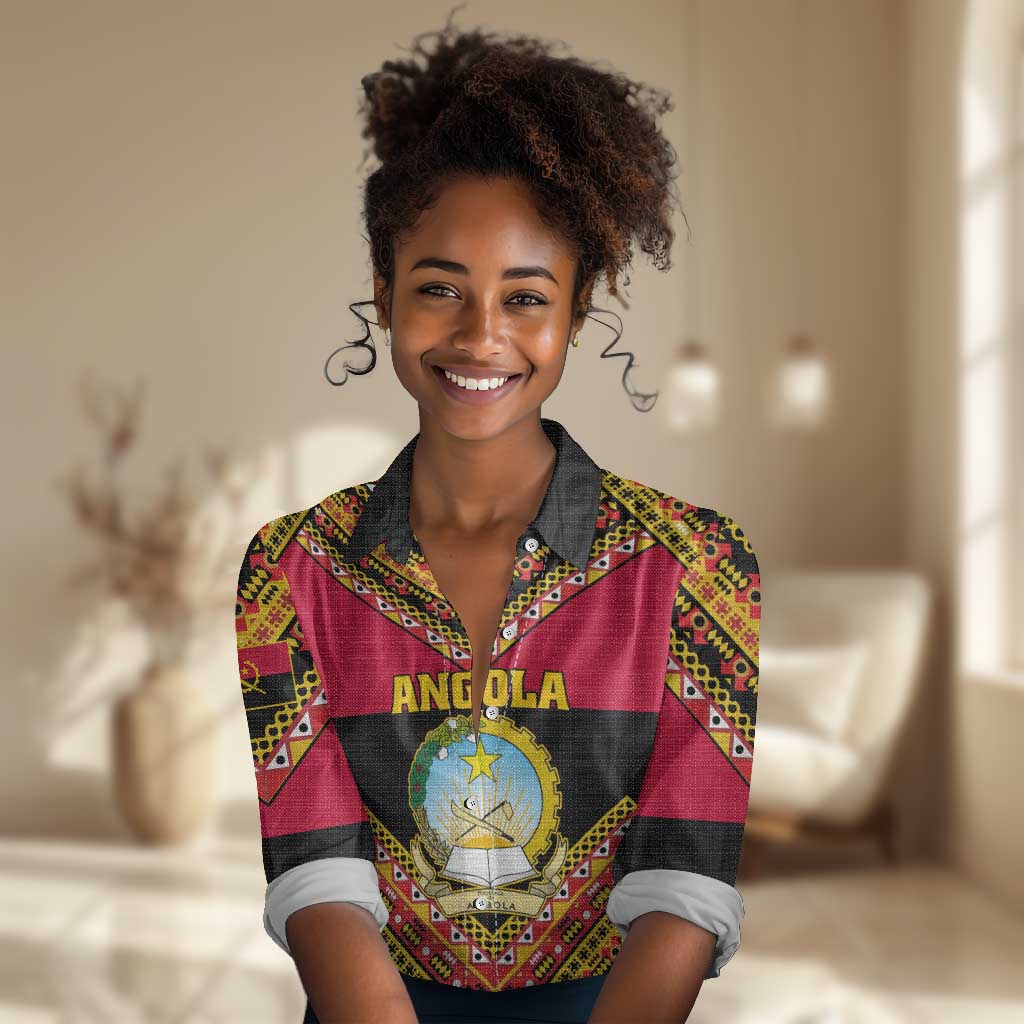 Angola Independence Day Women Casual Shirt with Coat of Arms and Samakaka Pattern LT01