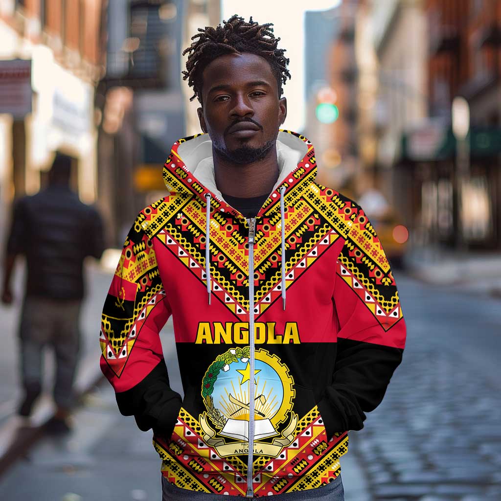 Angola Independence Day Zip Hoodie with Coat of Arms and Samakaka Pattern