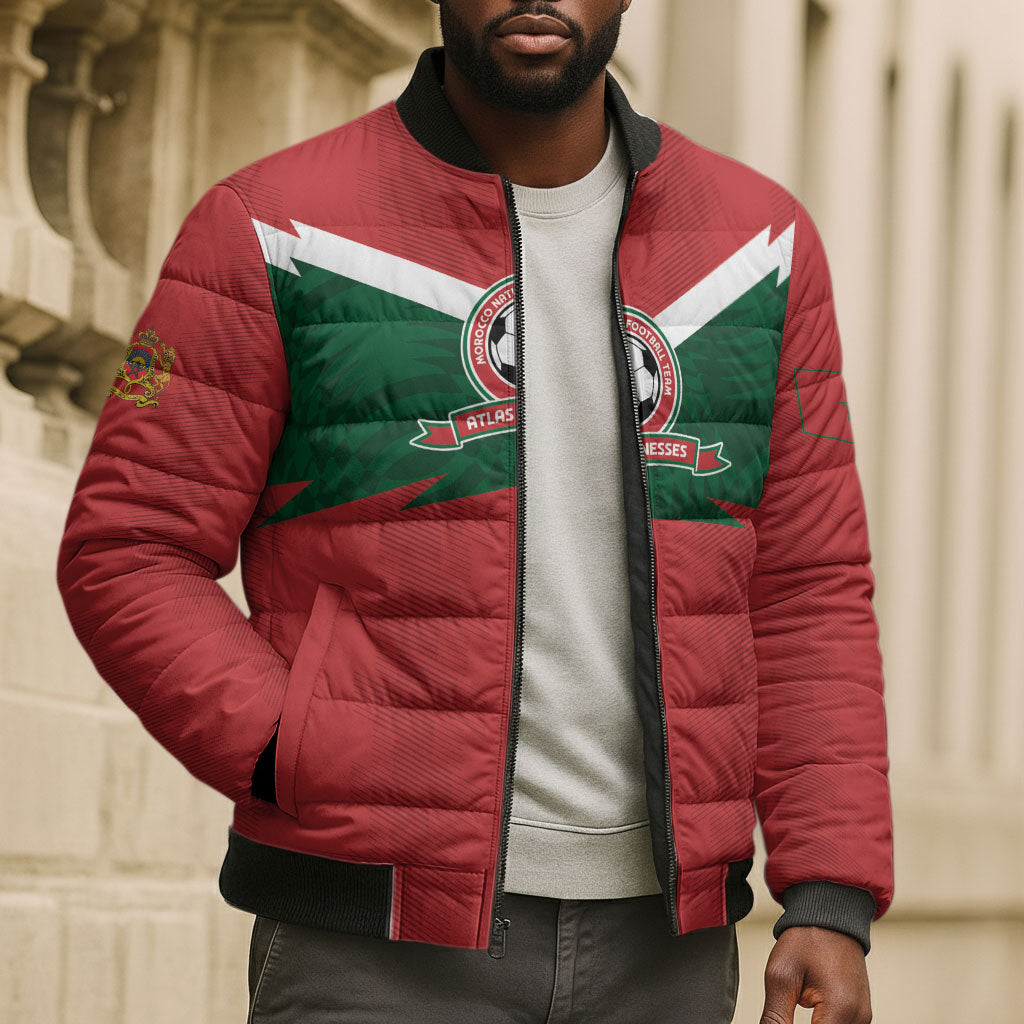 Custom Morocco 2026 Football Bomber Puffer Jacket Atlas Lionesses Born Winners