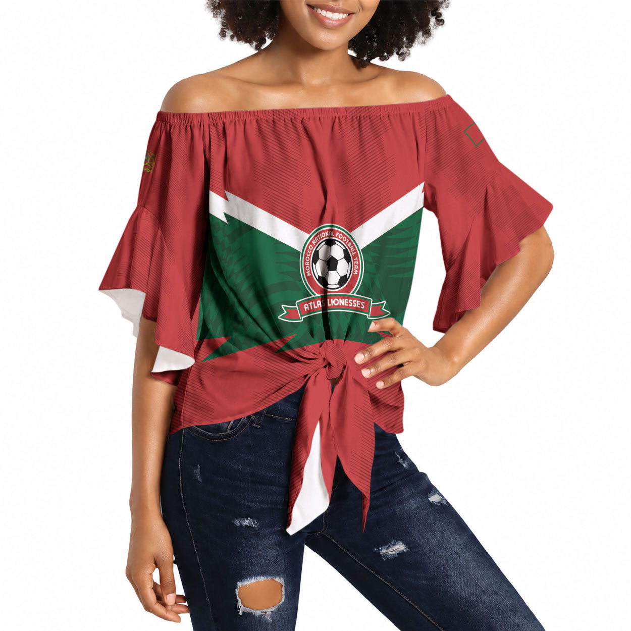 Custom Morocco 2026 Football Off Shoulder Wrap Waist Top Atlas Lionesses Born Winners