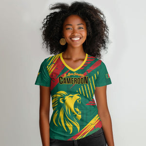 Custom Cameroon 2026 Football Women V-Neck T-Shirt Les Lionnes Indomptables