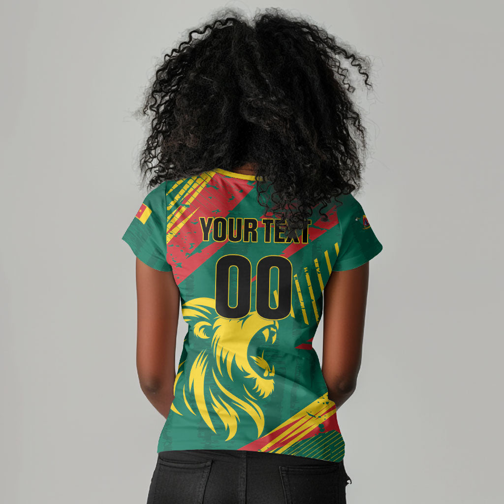 Custom Cameroon 2026 Football Women V-Neck T-Shirt Les Lionnes Indomptables