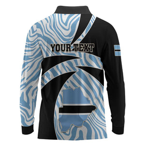 Personalized Botswana Independence Day Long Sleeve Polo Shirt - Lefatshe la Botswana with Zebra Pattern