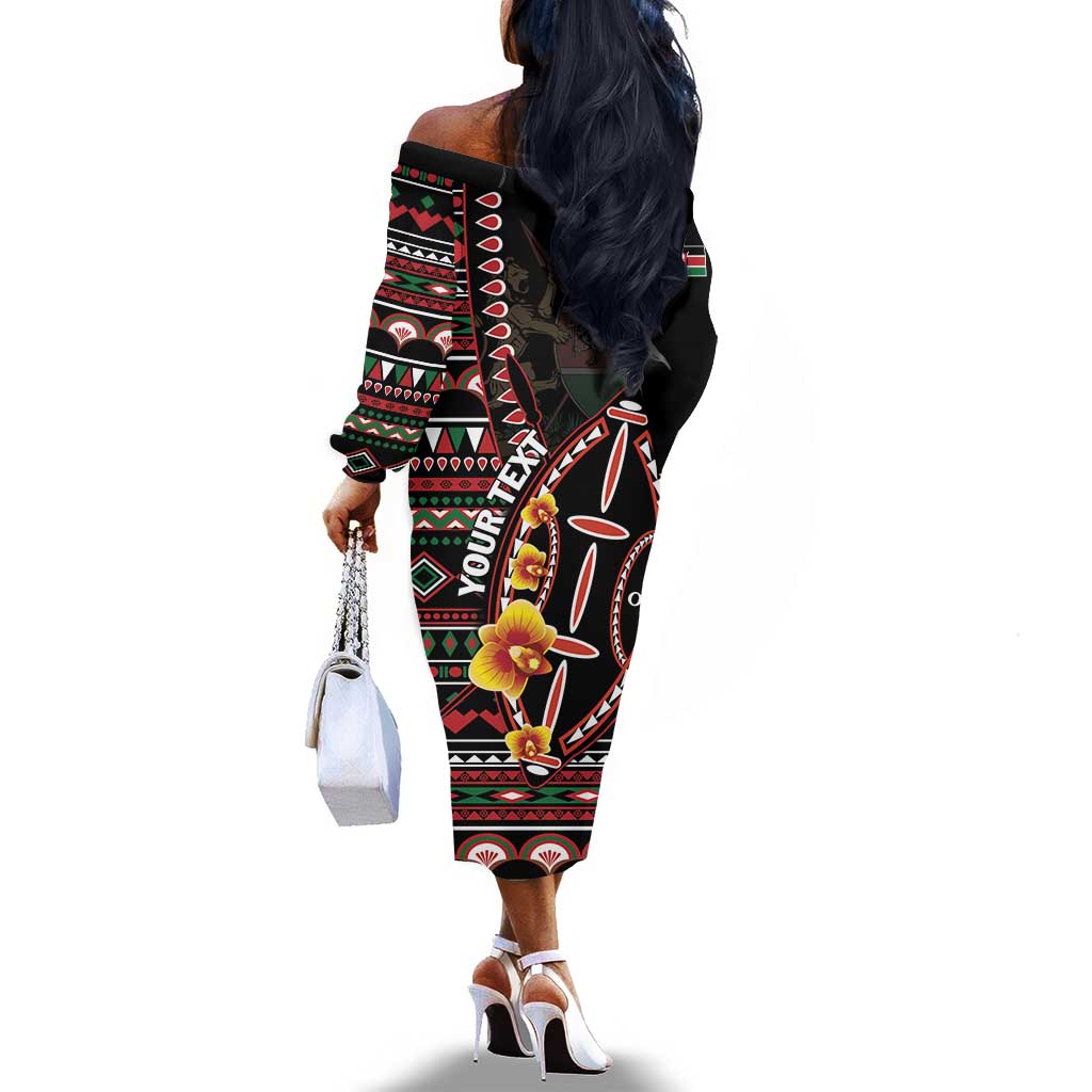 Personalized Kenya Off The Shoulder Long Sleeve Dress Jamhuri Day, Kenya Shield