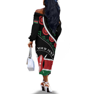 Personalized Kenya Off The Shoulder Long Sleeve Dress Harambee African Pattern - Coat of Arms Design