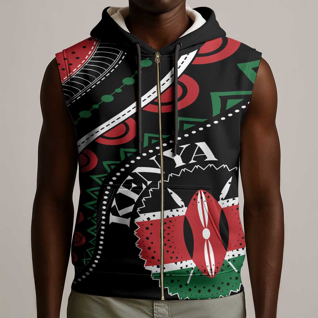 Personalized Kenya Sleeveless Zip Hoodie Harambee African Pattern - Coat of Arms Design - African Pride