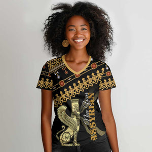 Assyrian New Year Women V-Neck T-Shirt Akitu 6774 Kha B Nissan