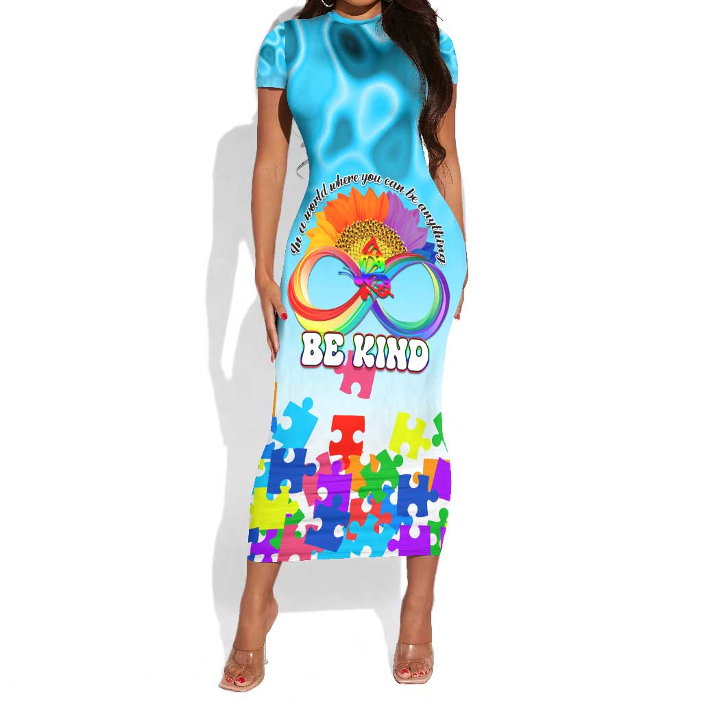 World Autism Awareness Day 2024 Short Sleeve Bodycon Dress In A World Where You Can Be Anything Be Kind LT01