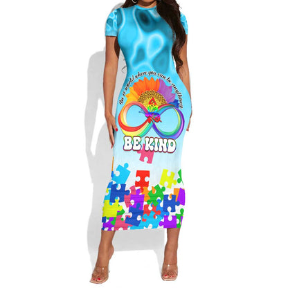 World Autism Awareness Day 2024 Short Sleeve Bodycon Dress In A World Where You Can Be Anything Be Kind LT01