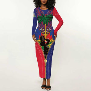 Afro Haiti Heritage Month Long Sleeve Bodycon Dress Zipper Stylized