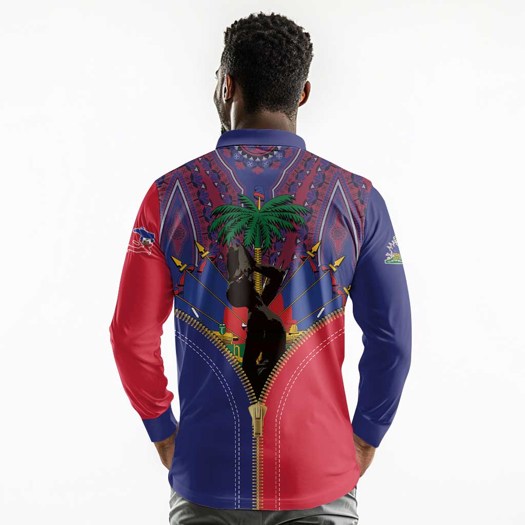 Afro Haiti Heritage Month Long Sleeve Polo Shirt Zipper Stylized