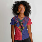 Afro Haiti Heritage Month Women V-Neck T-Shirt Zipper Stylized