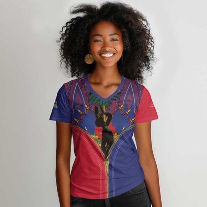 Afro Haiti Heritage Month Women V-Neck T-Shirt Zipper Stylized