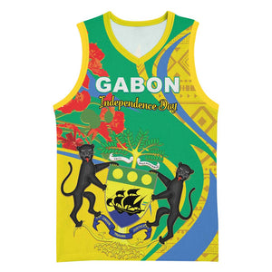 Gabon Independence Day Basketball Jersey Gabonaise Flamboyant African Pattern - African Pride