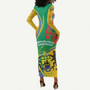 Gabon Independence Day Long Sleeve Bodycon Dress Gabonaise Flamboyant African Pattern LT01
