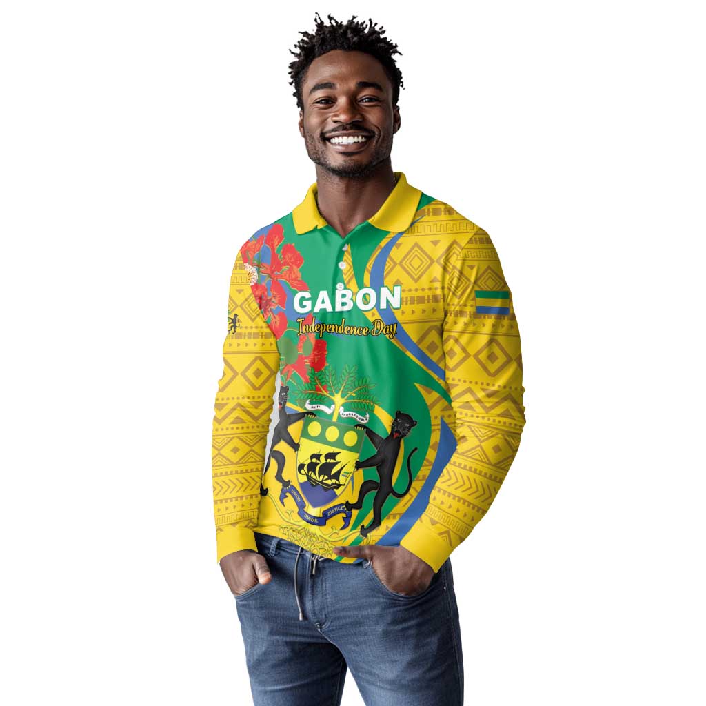 Gabon Independence Day Long Sleeve Polo Shirt Gabonaise Flamboyant African Pattern