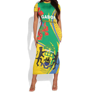Gabon Independence Day Short Sleeve Bodycon Dress Gabonaise Flamboyant African Pattern LT01
