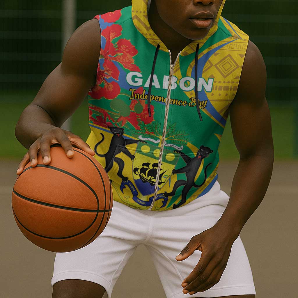 Gabon Independence Day Sleeveless Zip Hoodie Gabonaise Flamboyant African Pattern - African Pride
