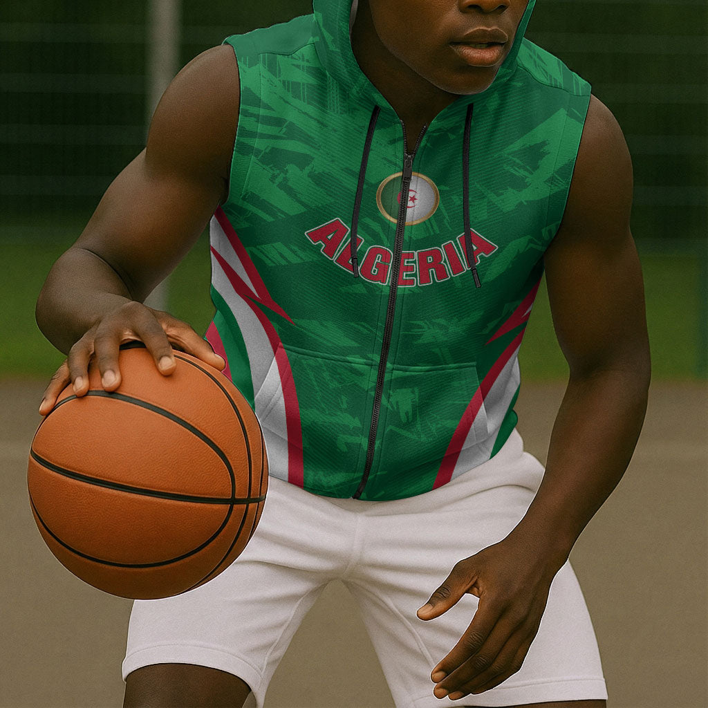 Custom Algeria 2026 Football Sleeveless Zip Hoodie The Fennecs Go Champions