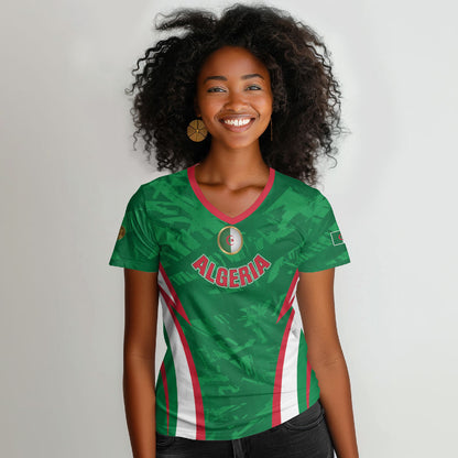 Custom Algeria 2026 Football Women V-Neck T-Shirt The Fennecs Go Champions