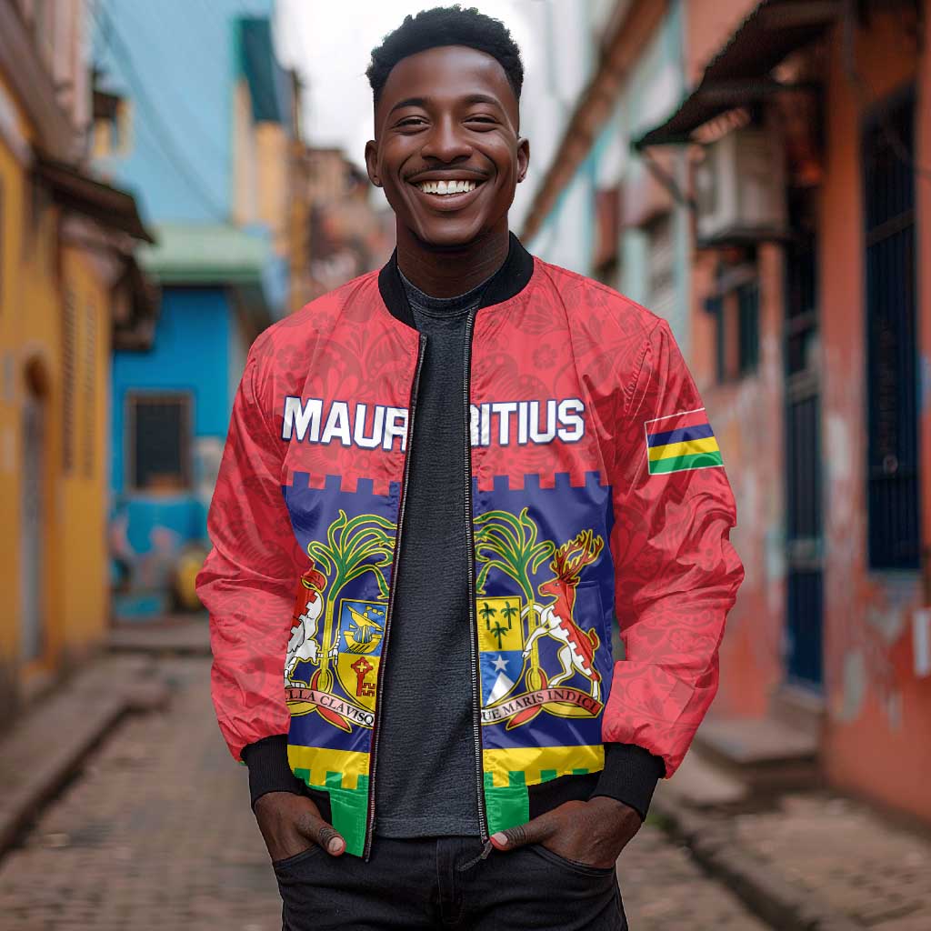 Mauritius Independence Day Bomber Jacket with Stella Clavisque Maris Indici and Floral Pattern