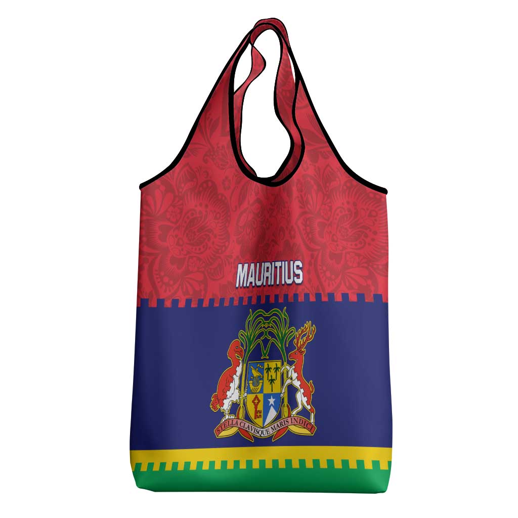 Mauritius Independence Day Grocery Bag with Stella Clavisque Maris Indici and Floral Pattern