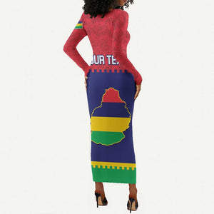 Mauritius Independence Day Long Sleeve Bodycon Dress with Stella Clavisque Maris Indici and Floral Pattern LT01