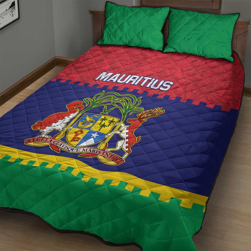 Mauritius Independence Day Quilt Bed Set with Stella Clavisque Maris Indici and Floral Pattern
