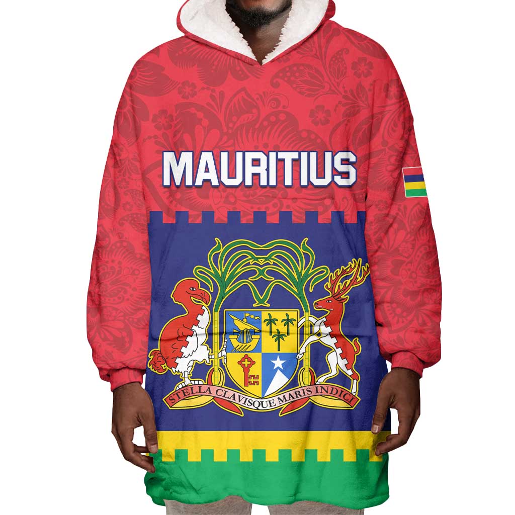Mauritius Independence Day Wearable Blanket Hoodie with Stella Clavisque Maris Indici and Floral Pattern