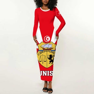 Tunisia Independence Day Long Sleeve Bodycon Dress with Coat of Arms and Flag Style LT01