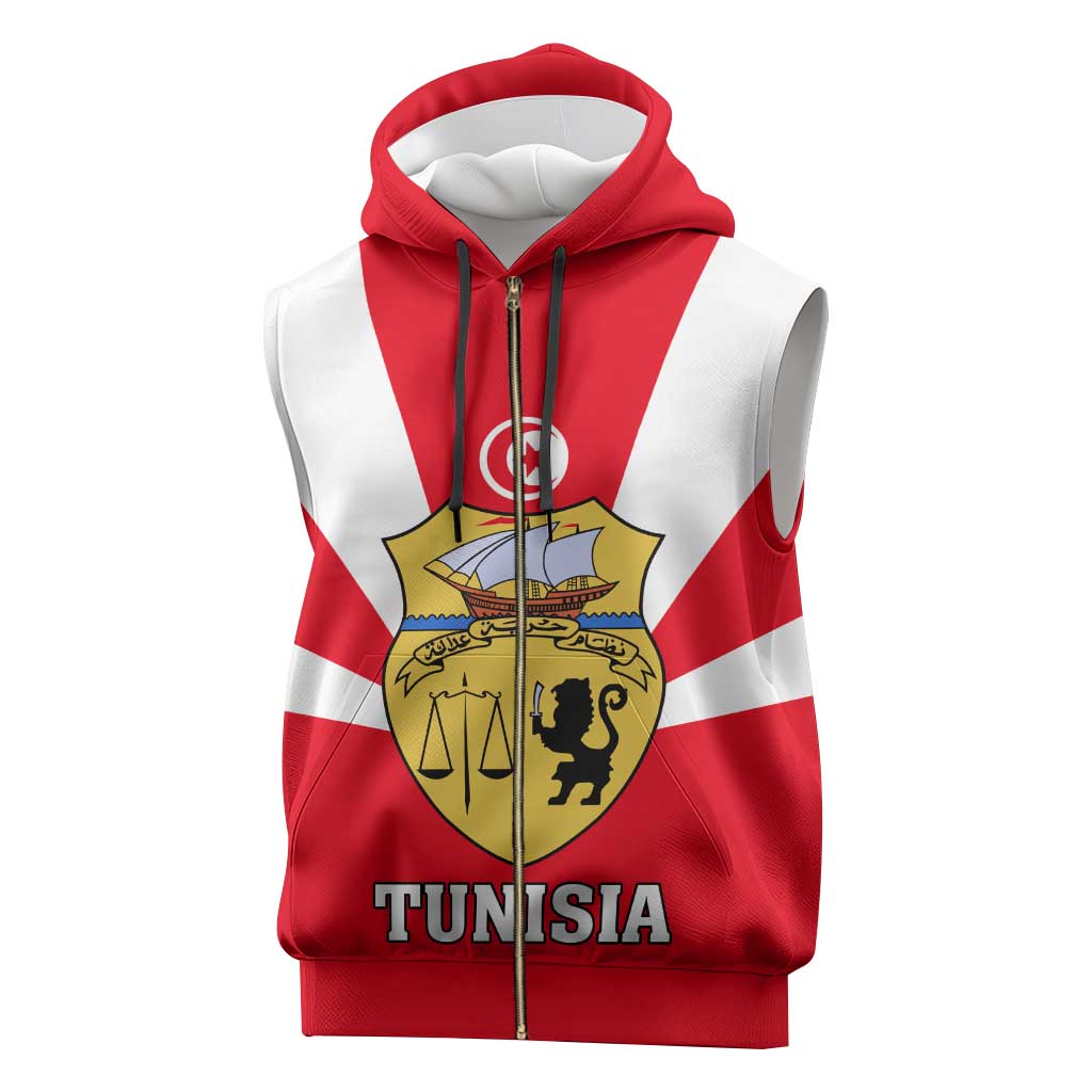 Tunisia Independence Day Sleeveless Zip Hoodie with Coat of Arms and Flag Style - African Pride