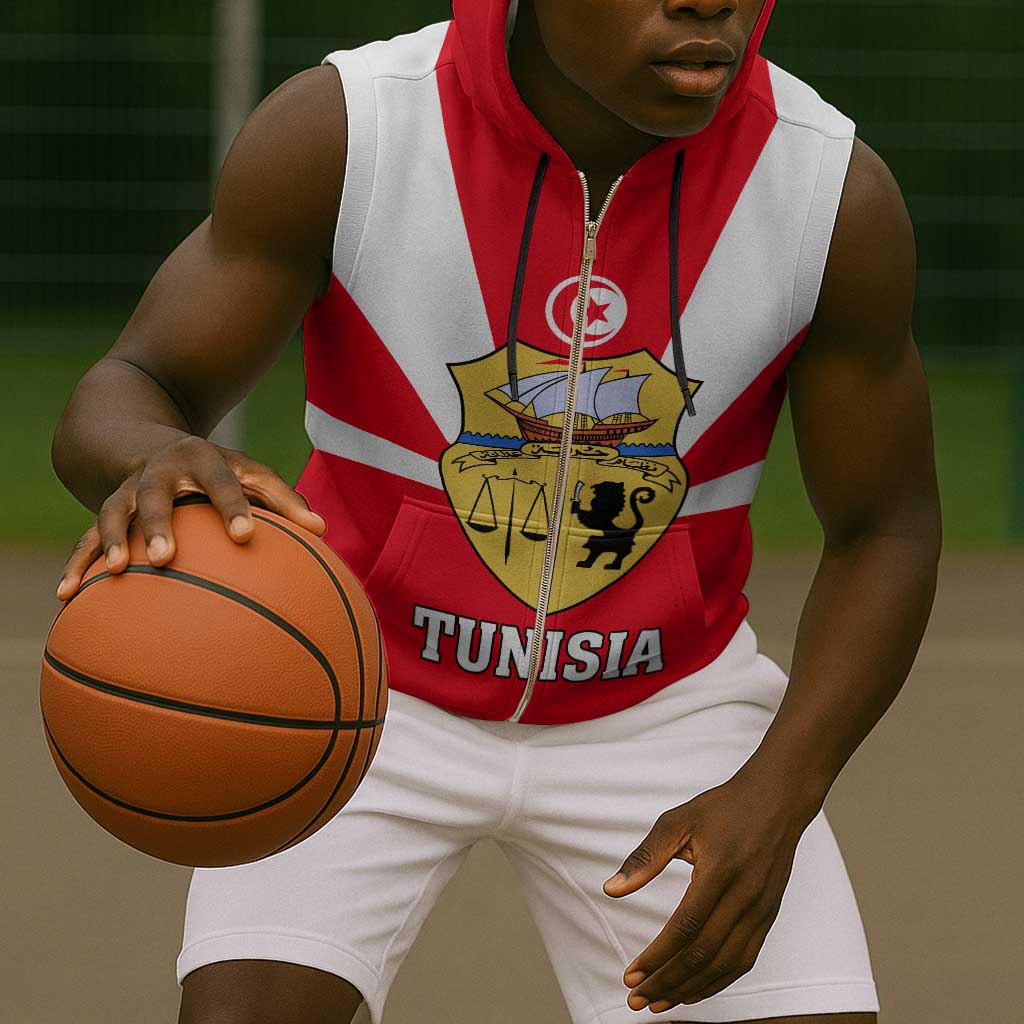 Tunisia Independence Day Sleeveless Zip Hoodie with Coat of Arms and Flag Style - African Pride