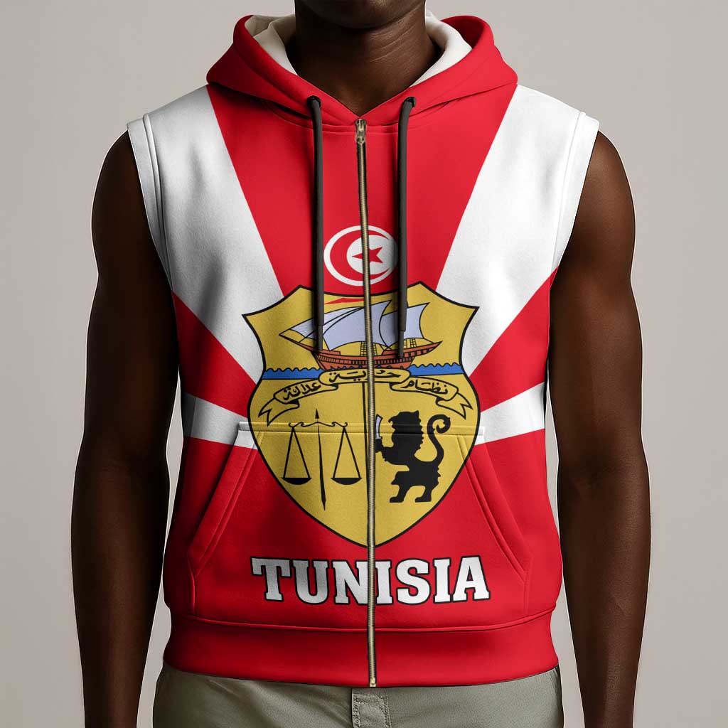 Tunisia Independence Day Sleeveless Zip Hoodie with Coat of Arms and Flag Style - African Pride