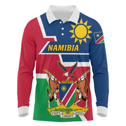 Namibia Independence Day Long Sleeve Polo Shirt with Coat of Arms in Unique Style