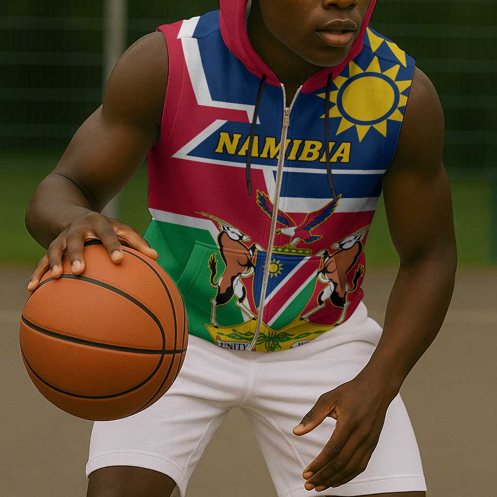 Namibia Independence Day Sleeveless Zip Hoodie with Coat of Arms in Unique Style - African Pride
