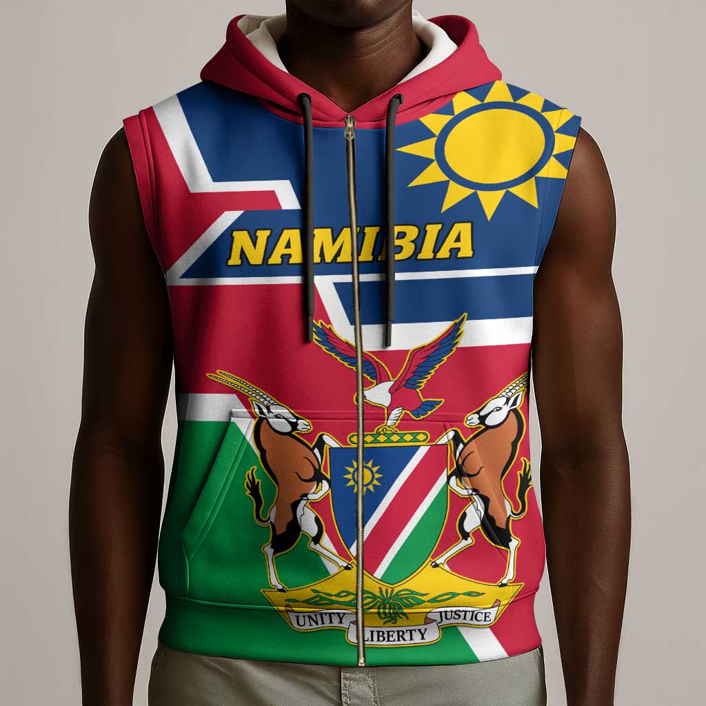 Namibia Independence Day Sleeveless Zip Hoodie with Coat of Arms in Unique Style - African Pride