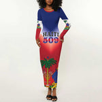 Personalized Afro Haiti 509 Long Sleeve Bodycon Dress Repiblik d Ayiti