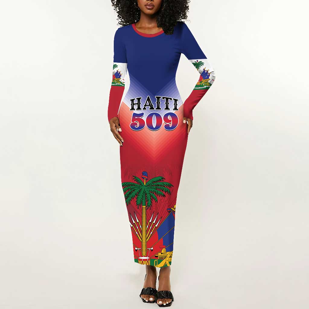 Personalized Afro Haiti 509 Long Sleeve Bodycon Dress Repiblik d Ayiti