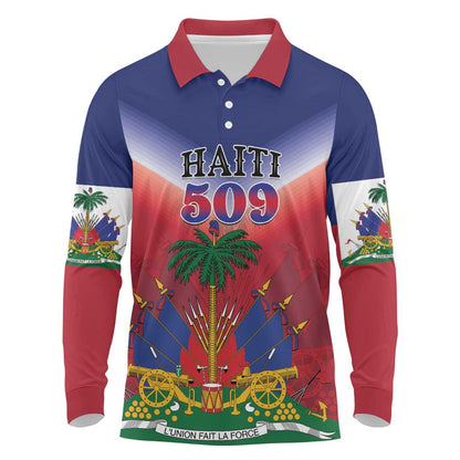 Personalized Afro Haiti 509 Long Sleeve Polo Shirt Repiblik d Ayiti