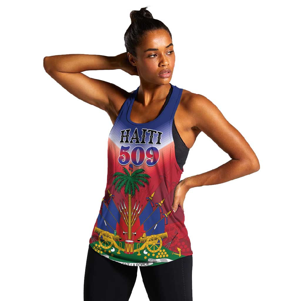 Personalized Afro Haiti 509 Women Racerback Tank Repiblik d Ayiti