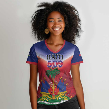 Personalized Afro Haiti 509 Women V-Neck T-Shirt Repiblik d Ayiti