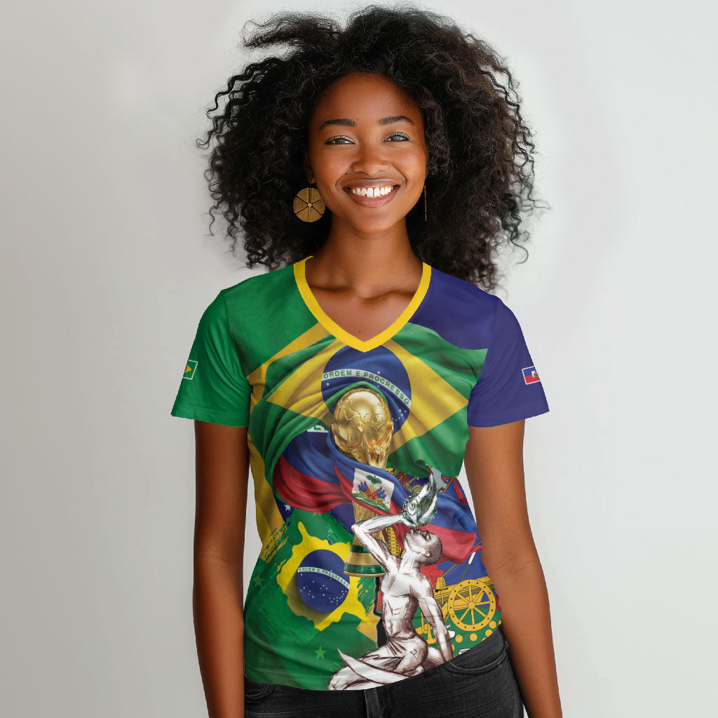 Personalized Brazil Haiti 2026 World Football Women V-Neck T-Shirt Come On Boys